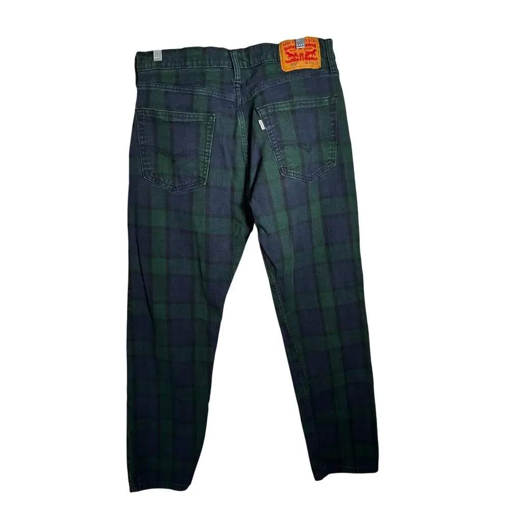 Men's Levis 502 33x32 green &navy stretch plaid print denim jeans 2019 taper fit
